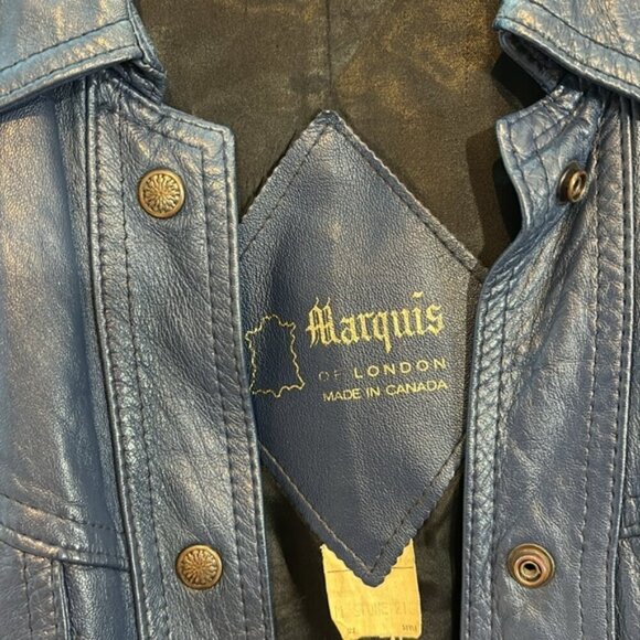 Vintage blue leather jacket snap closure shirt style fitted size S/M by Marquis - Picture 8 of 12
